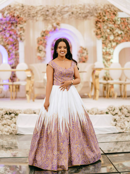 Royal Lavender And Gold Traditional Ethiopian Wedding Dress Fitted Corset Bodice Habesha Kemis 1040