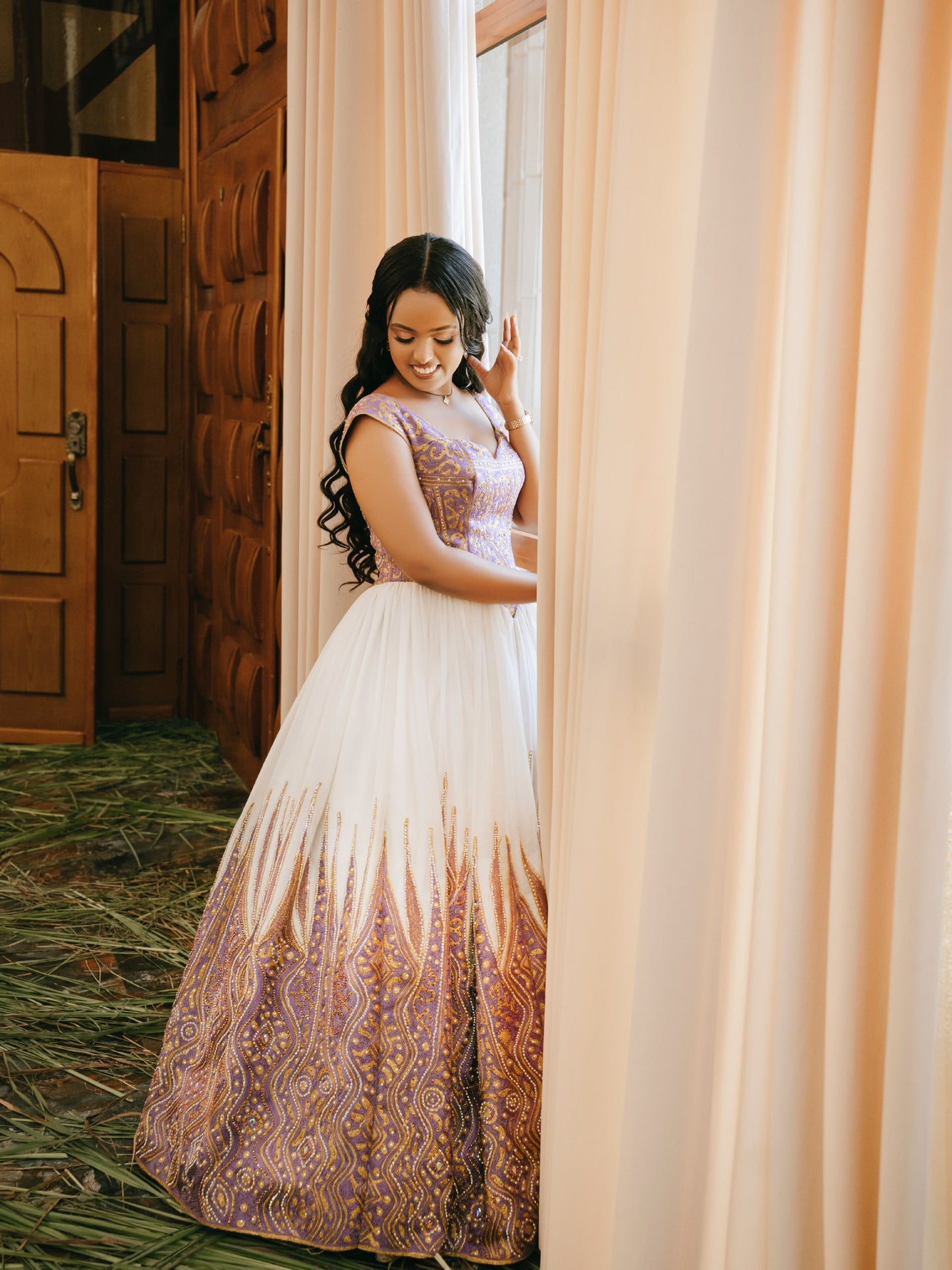Royal Lavender And Gold Traditional Ethiopian Wedding Dress Fitted Corset Bodice Habesha Kemis 1040