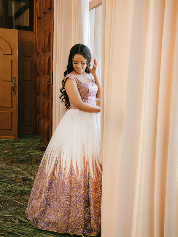 Royal Lavender And Gold Traditional Ethiopian Wedding Dress Fitted Corset Bodice Habesha Kemis 1040