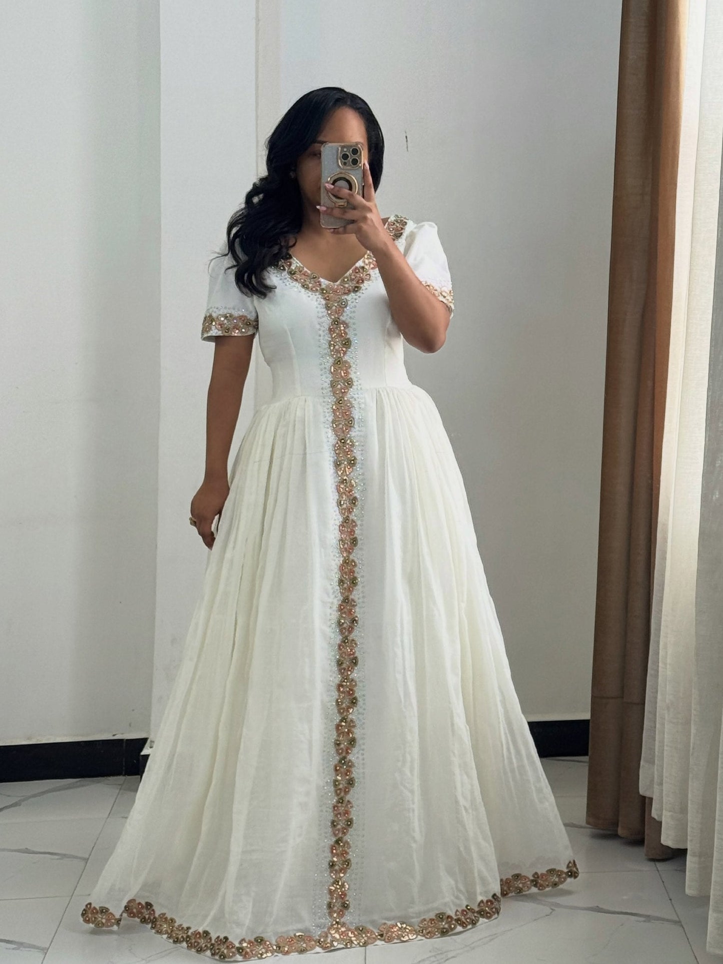 Soft Pink And Gold Ethiopian Dress With Scalloped Tilf Panel Habesha Kemis Festive Habesha Dress 1041