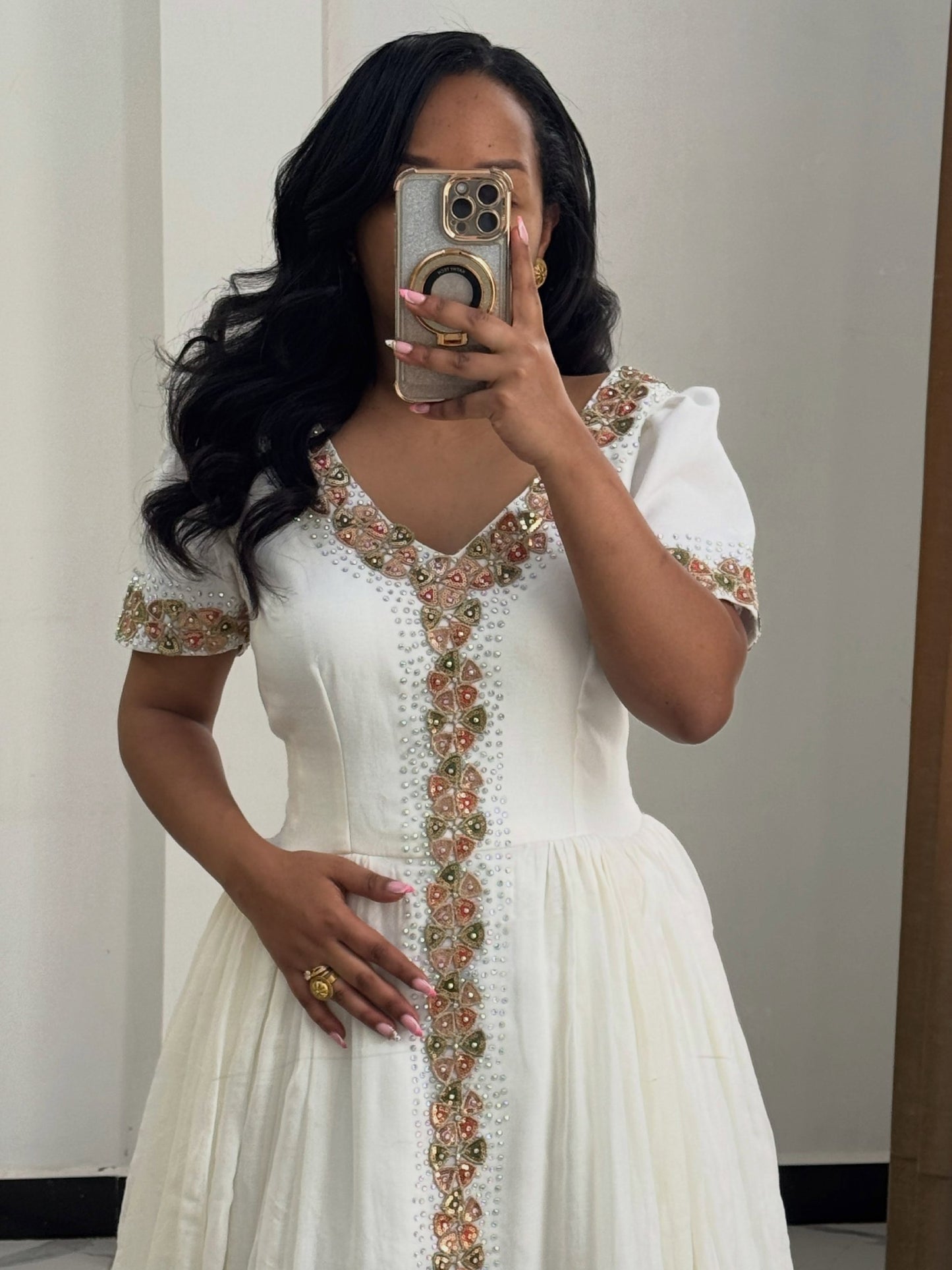 Soft Pink And Gold Ethiopian Dress With Scalloped Tilf Panel Habesha Kemis Festive Habesha Dress 1041
