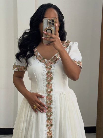Soft Pink And Gold Ethiopian Dress With Scalloped Tilf Panel Habesha Kemis Festive Habesha Dress 1041