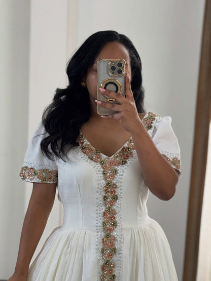 Soft Pink And Gold Ethiopian Dress With Scalloped Tilf Panel Habesha Kemis Festive Habesha Dress 1041