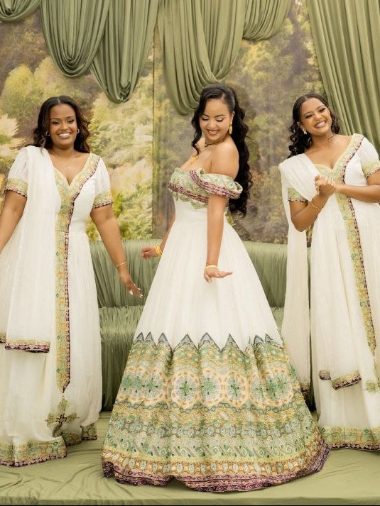 Luxury Off-Shoulder Habesha Kemis for Women Handwoven Ethiopian Dress Ceremony with Green & Gold Tibeb Embroidery 1043