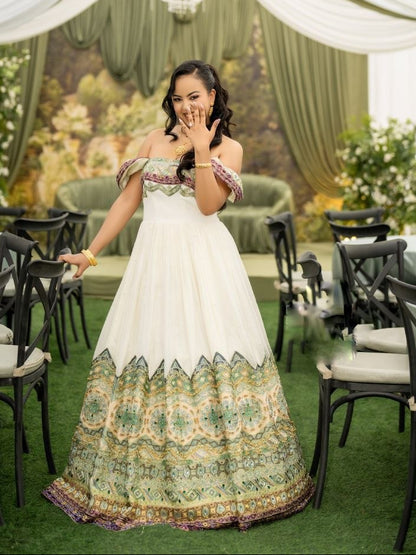 PGreen & Gold Embroidery Elegant Habesha Kemis for Weddings & Special Occasions