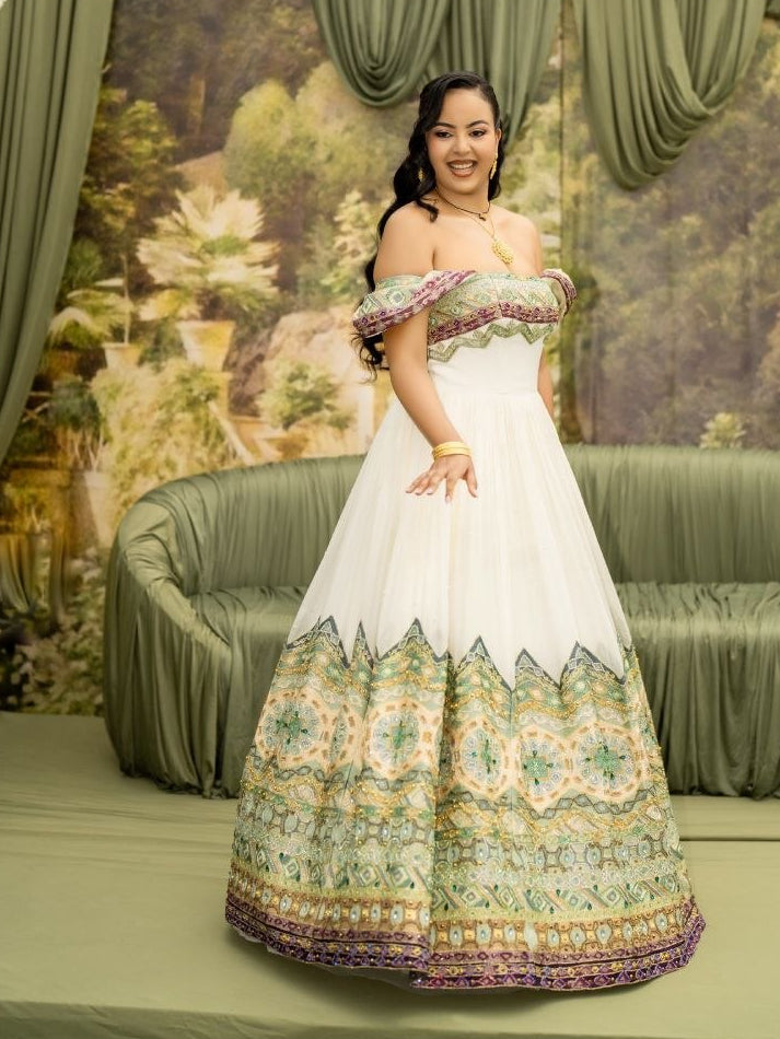 Luxury Off-Shoulder Habesha Kemis for Women Handwoven Ethiopian Dress Ceremony with Green & Gold Tibeb Embroidery 1043