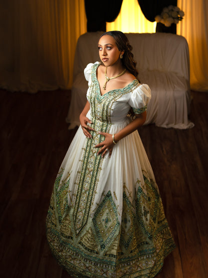 Royal Sage Green Habesha Kemis for Wedding Handcrafted Ethiopian Wedding Dress  Luxurious Habesha Dress 1044