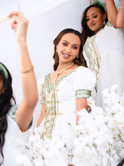 Royal Sage Green Habesha Kemis for Wedding Handcrafted Ethiopian Wedding Dress  Luxurious Habesha Dress 1044