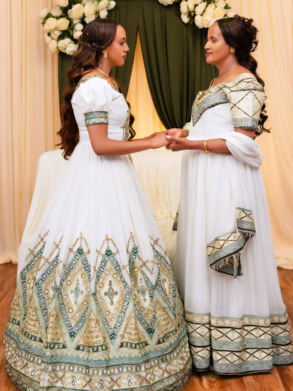 Royal Sage Green Habesha Kemis for Wedding Handcrafted Ethiopian Wedding Dress  Luxurious Habesha Dress 1044