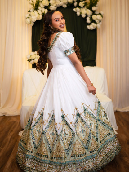 Royal Sage Green Habesha Kemis for Wedding Handcrafted Ethiopian Wedding Dress  Luxurious Habesha Dress 1044