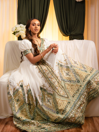 Royal Sage Green Habesha Kemis for Wedding Handcrafted Ethiopian Wedding Dress  Luxurious Habesha Dress 1044