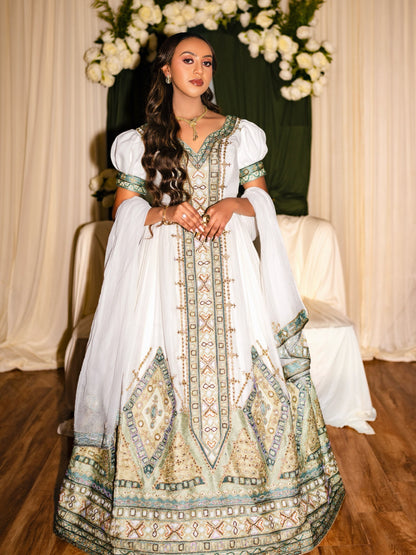 Elegant White Ethiopian Traditional Ceremony Dress with Sage Green Embroidery