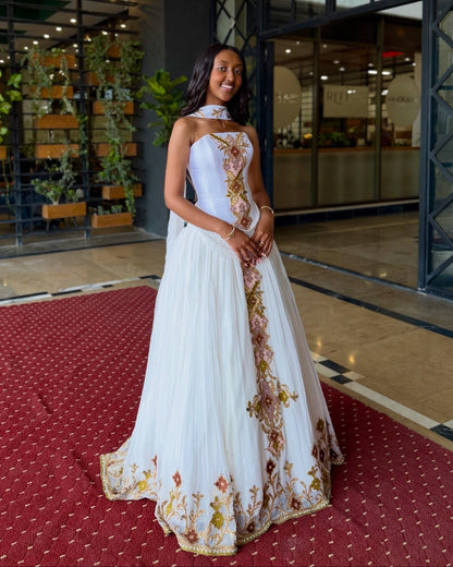 Authentic Ethiopian Traditional Dress Floral Gold Embroidery Habesha Kemis For Cultural Celebrations 1045