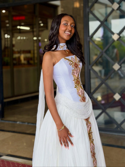 Authentic Ethiopian Traditional Dress Floral Gold Embroidery Habesha Kemis For Cultural Celebrations 1045
