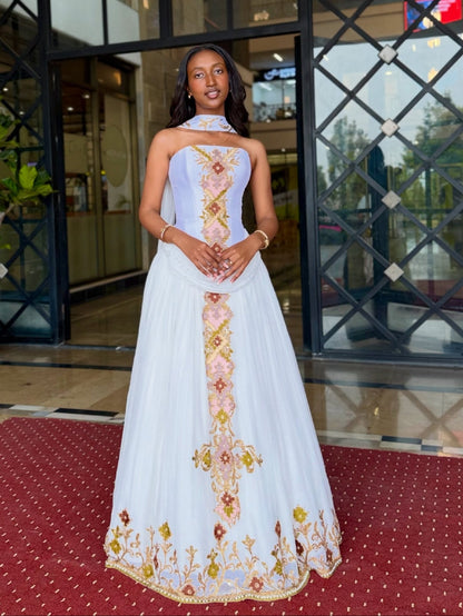 Authentic White Ethiopian Traditional Dress with Floral Gold Embroidery