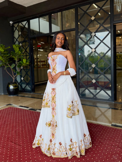 Authentic Ethiopian Traditional Dress Floral Gold Embroidery Habesha Kemis For Cultural Celebrations 1045