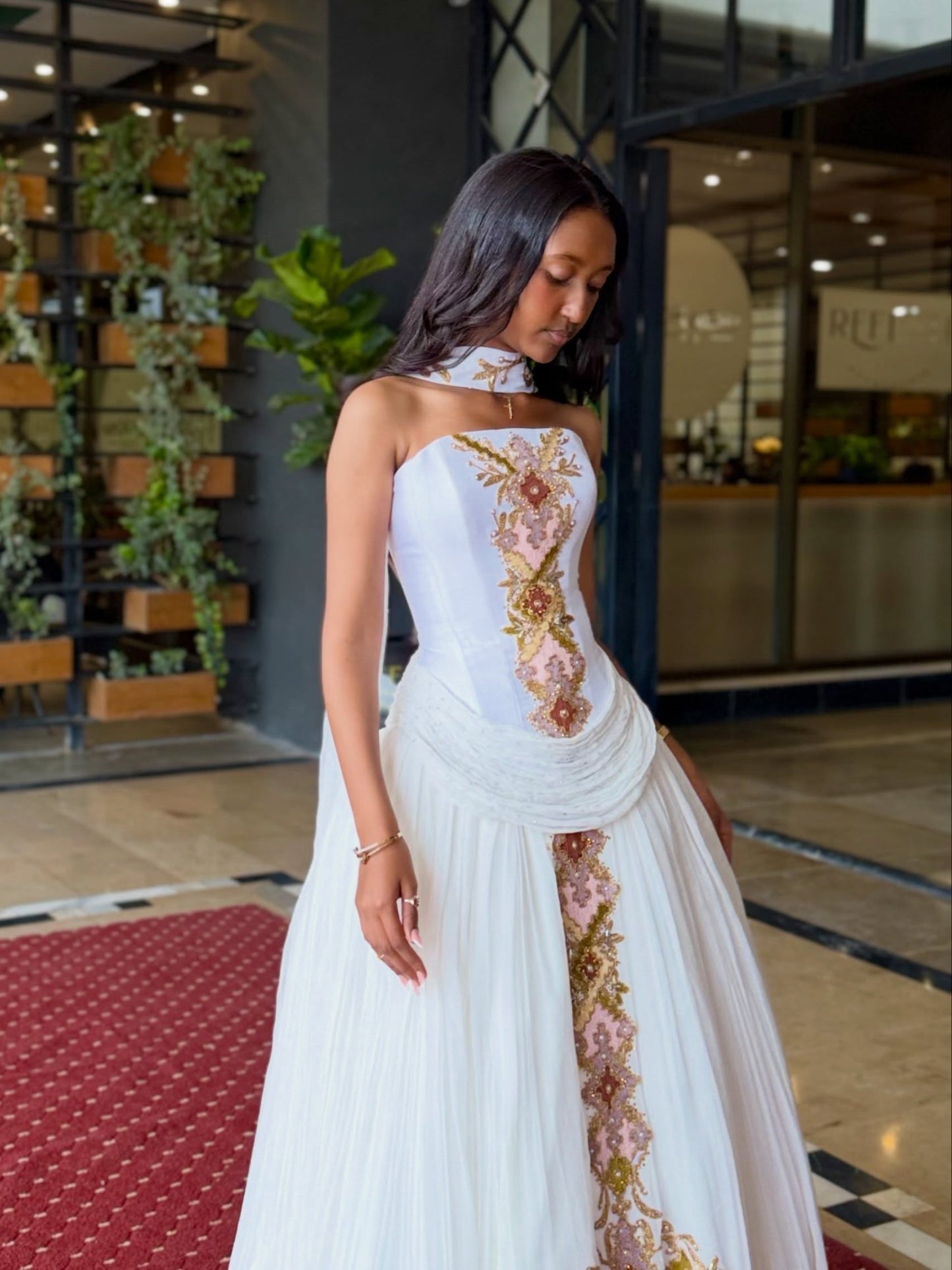 Authentic Ethiopian Traditional Dress Floral Gold Embroidery Habesha Kemis For Cultural Celebrations 1045