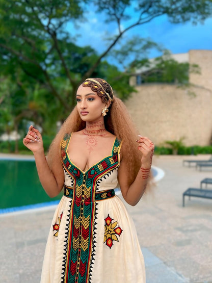 Authentic Eritrean Traditional Dress for Women Handwoven Habesha Dress With Colorful Embroidery 1046