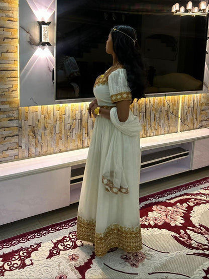 Graceful Handwoven Habesha Dress Luxurious Gold Embroidery Habesha Kemis Cultural Celebrations 1047
