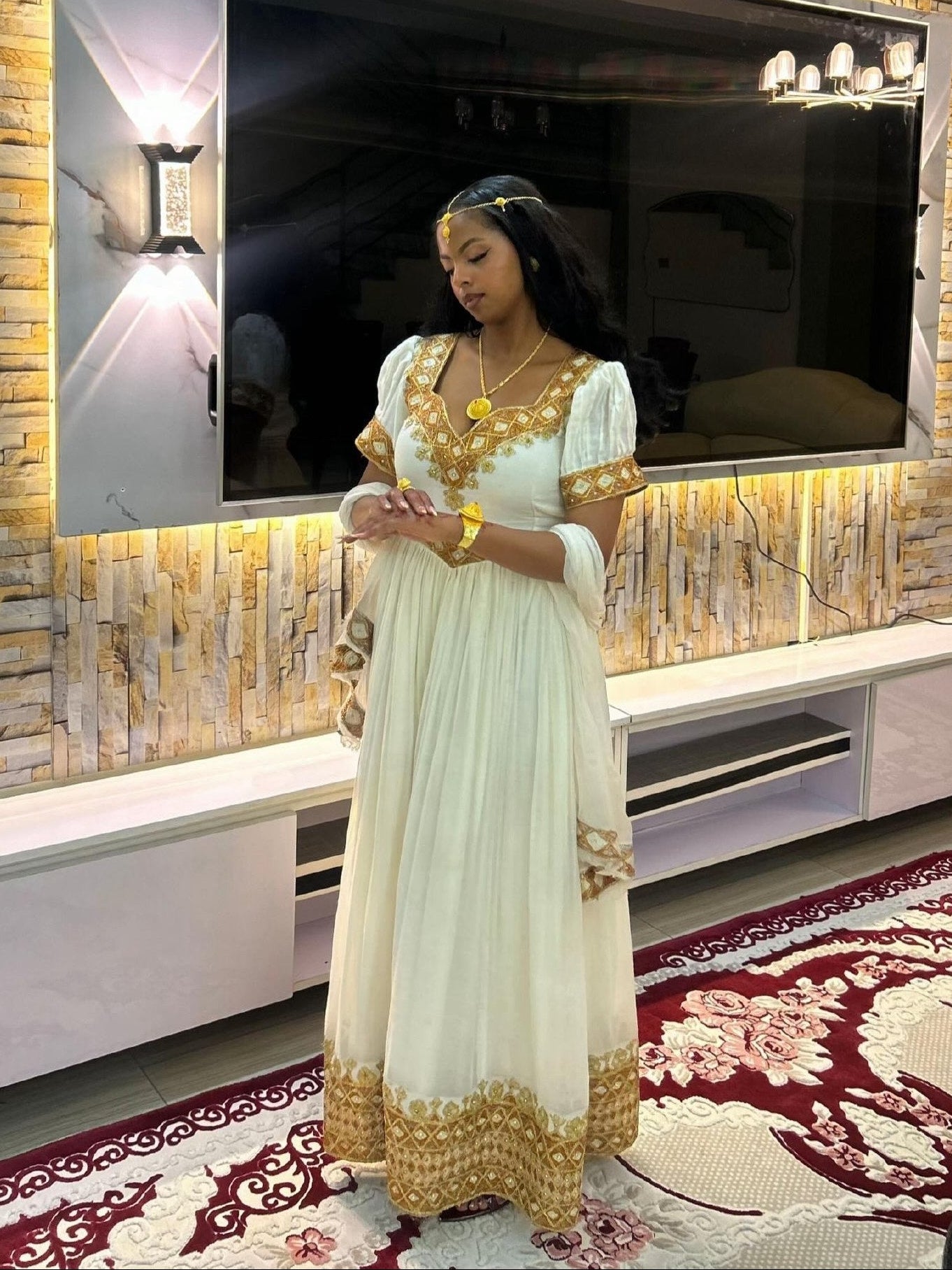 Graceful Handwoven Habesha Traditional Dress with Luxurious Gold Embroidery for Elegant Cultural Celebrations