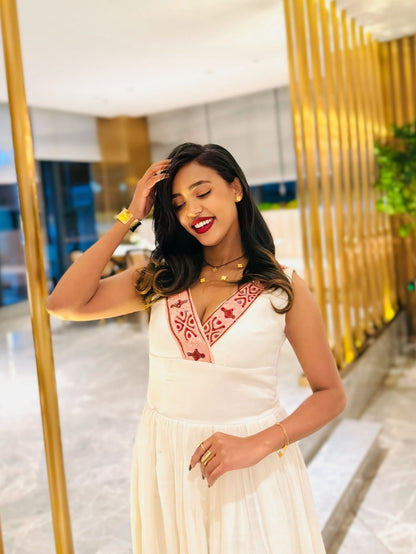 Soft Blush Pink Habesha Dress Sleeveless V-Neck Ethiopian Dress Timeless Habesha Kemis 1048