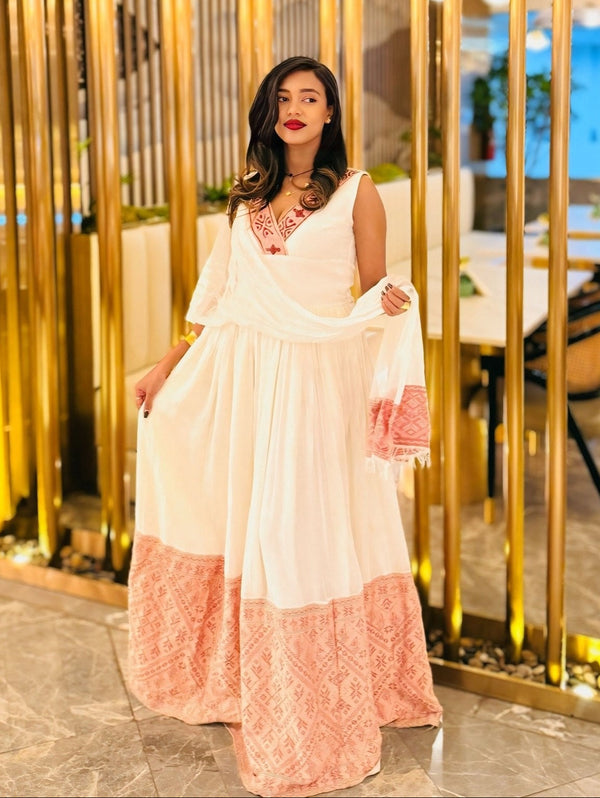 Elegant Rose Pink Ethiopian Traditional Dress Fine Traditional Ethiopian Clothing
