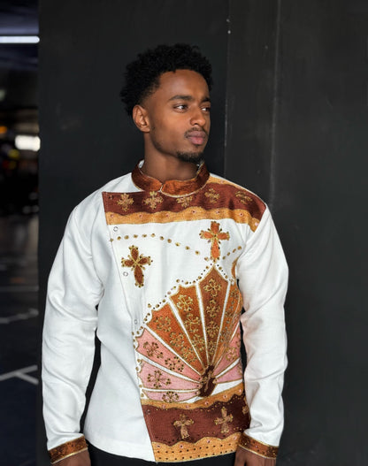 Bronze Gold Fan Embroidery Men Traditional Shirt Cross Details Habesha Men's Clothing 1050