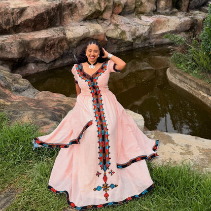 Elegant Blush Habesha Kemis Vibrant Handwoven Trim Habesha Dress for Ethiopian Heritage Celebrations 1051
