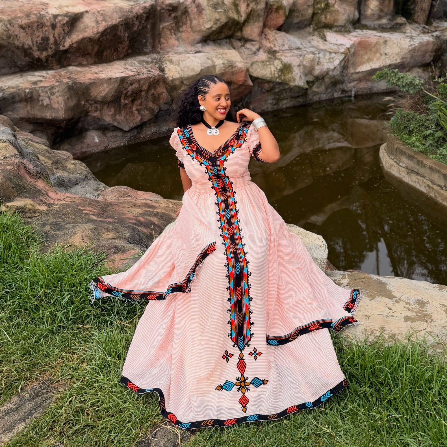 Elegant Blush Habesha Kemis Vibrant Handwoven Trim Habesha Dress for Ethiopian Heritage Celebrations 1051
