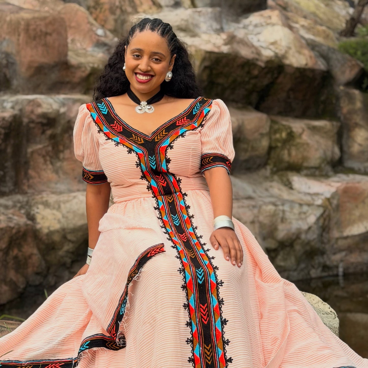 Elegant Blush Habesha Kemis Vibrant Handwoven Trim Habesha Dress for Ethiopian Heritage Celebrations 1051