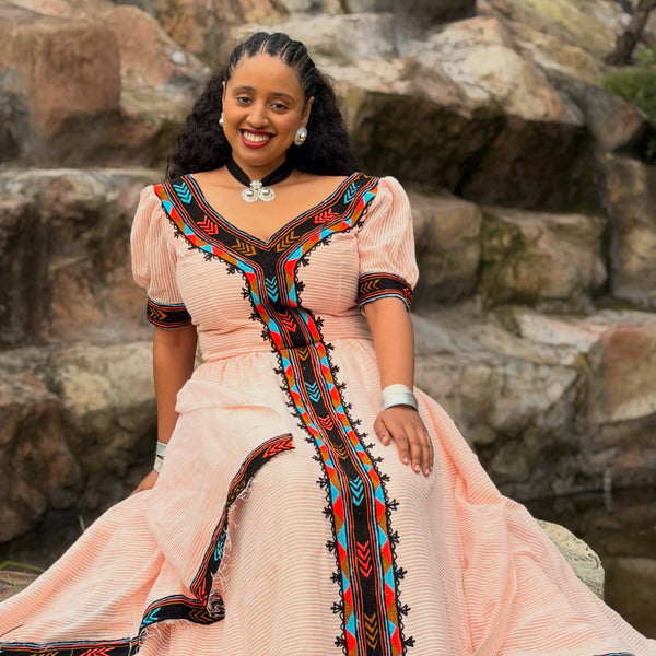 Elegant Blush Habesha Kemis Vibrant Handwoven Trim Habesha Dress for Ethiopian Heritage Celebrations 1051