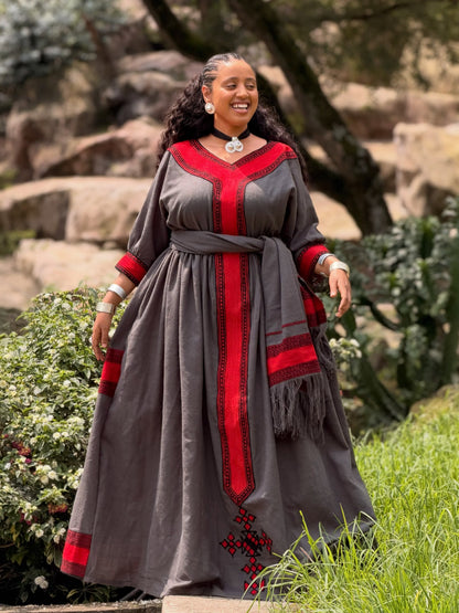 Sophisticated Charcoal Ethiopian Traditional Dress Bold Crimson Accent Habesha Dress for Timeless Habesha Kemis 1052
