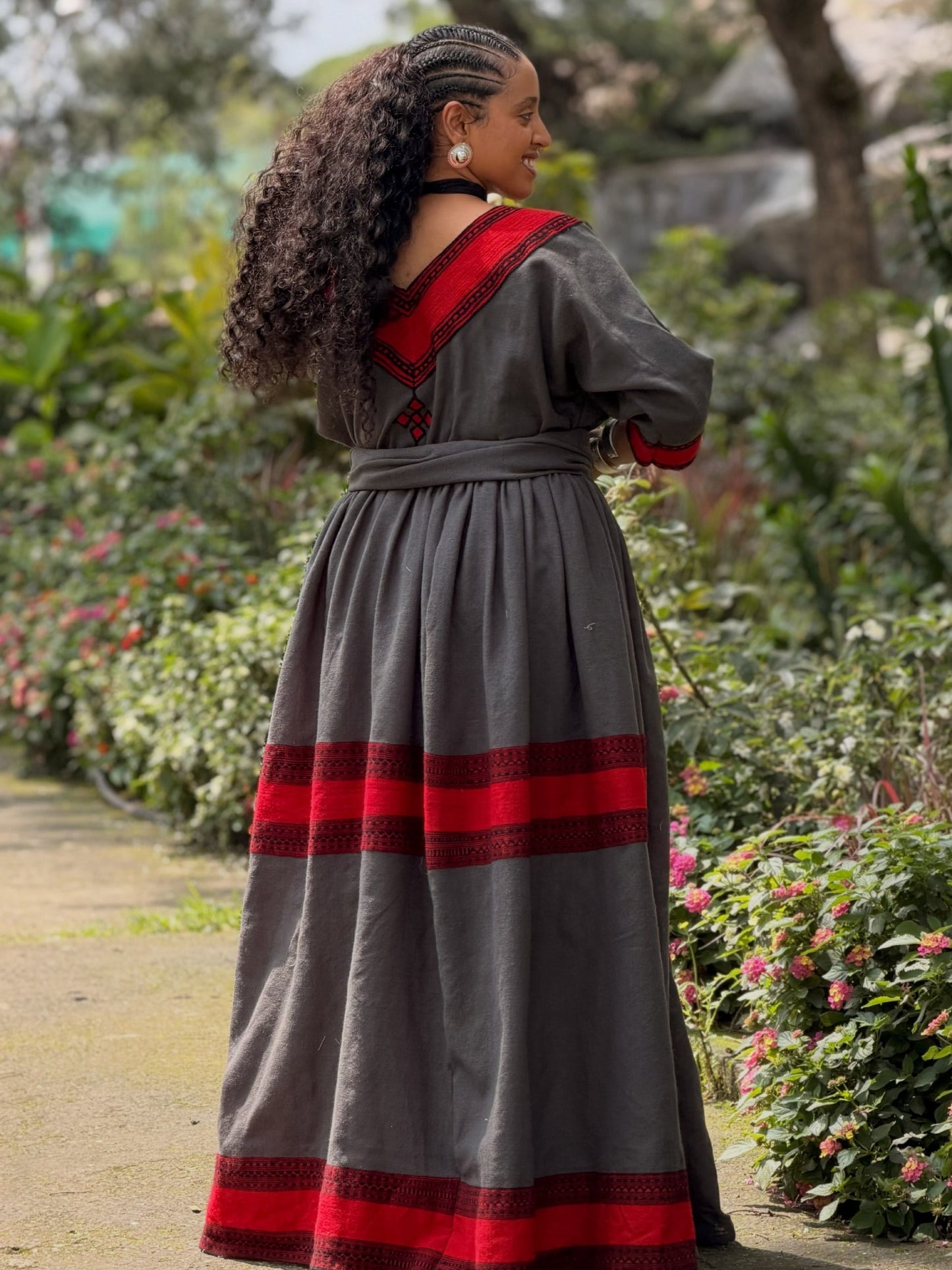 Sophisticated Charcoal Ethiopian Traditional Dress Bold Crimson Accent Habesha Dress for Timeless Habesha Kemis 1052