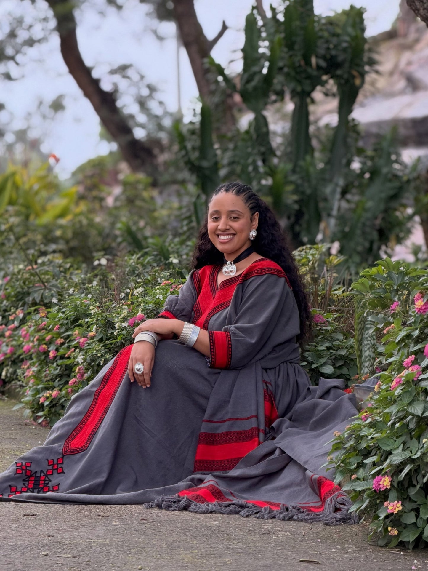 Sophisticated Charcoal Ethiopian Traditional Dress Bold Crimson Accent Habesha Dress for Timeless Habesha Kemis 1052