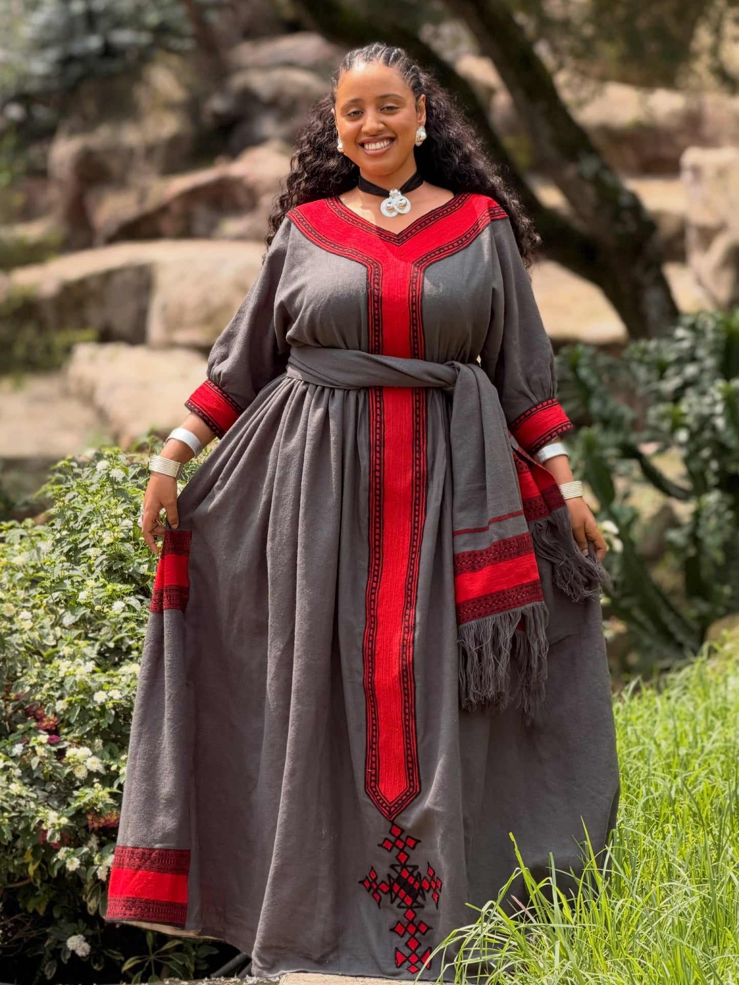 Sophisticated Charcoal Ethiopian Traditional Dress Bold Crimson Accent Habesha Dress for Timeless Habesha Kemis 1052
