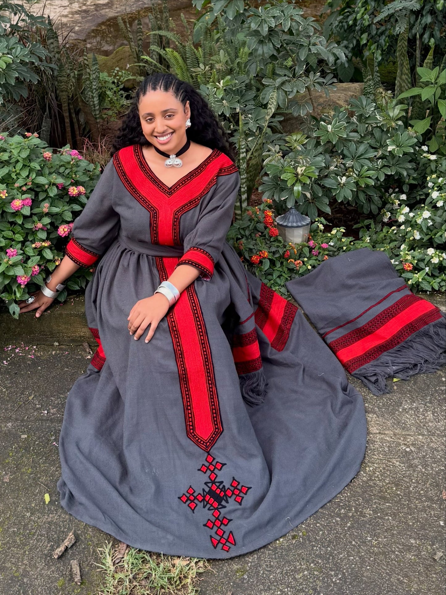 Sophisticated Charcoal Ethiopian Traditional Dress Bold Crimson Accent Habesha Dress for Timeless Habesha Kemis 1052