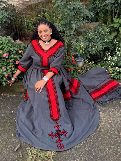 Sophisticated Charcoal Ethiopian Traditional Dress Bold Crimson Accent Habesha Dress for Timeless Habesha Kemis 1052