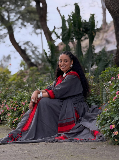 Sophisticated Charcoal Ethiopian Traditional Dress Bold Crimson Accent Habesha Dress for Timeless Habesha Kemis 1052