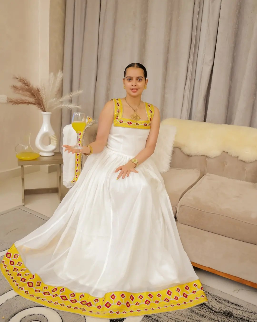 Radiant Ivory Habesha Kemis with Golden Woven Accents Ethiopian Dress For Cultural Celebrations 1053