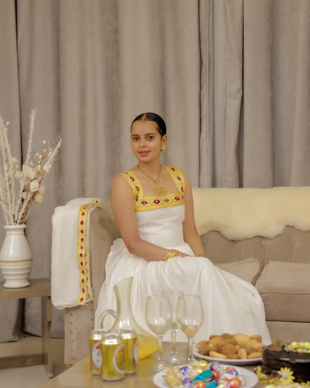Radiant Ivory Habesha Kemis with Golden Woven Accents Ethiopian Dress For Cultural Celebrations 1053