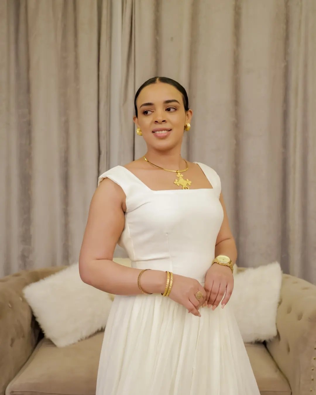 Radiant Ivory Habesha Kemis with Golden Woven Accents Ethiopian Dress For Cultural Celebrations 1053