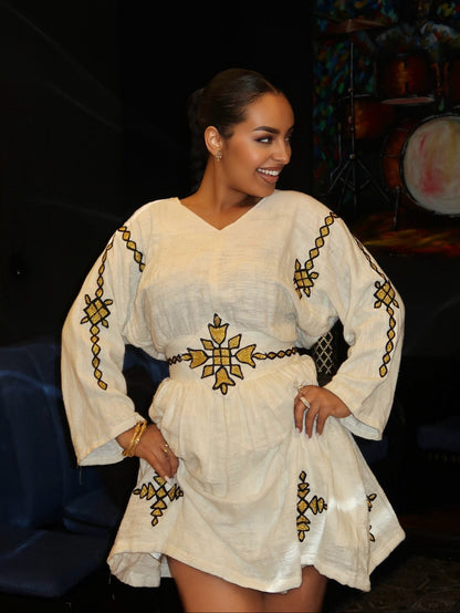 Modern Ivory Habesha Mini Dress Artisan Ethiopian Dress Embroidery for Chic Cultural Habesha Kemis 1054