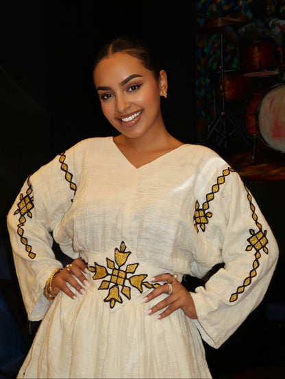 Modern Ivory Habesha Mini Dress Artisan Ethiopian Dress Embroidery for Chic Cultural Habesha Kemis 1054