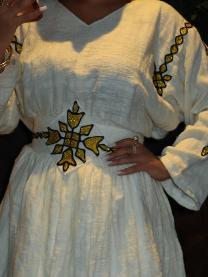 Modern Ivory Habesha Mini Dress Artisan Ethiopian Dress Embroidery for Chic Cultural Habesha Kemis 1054