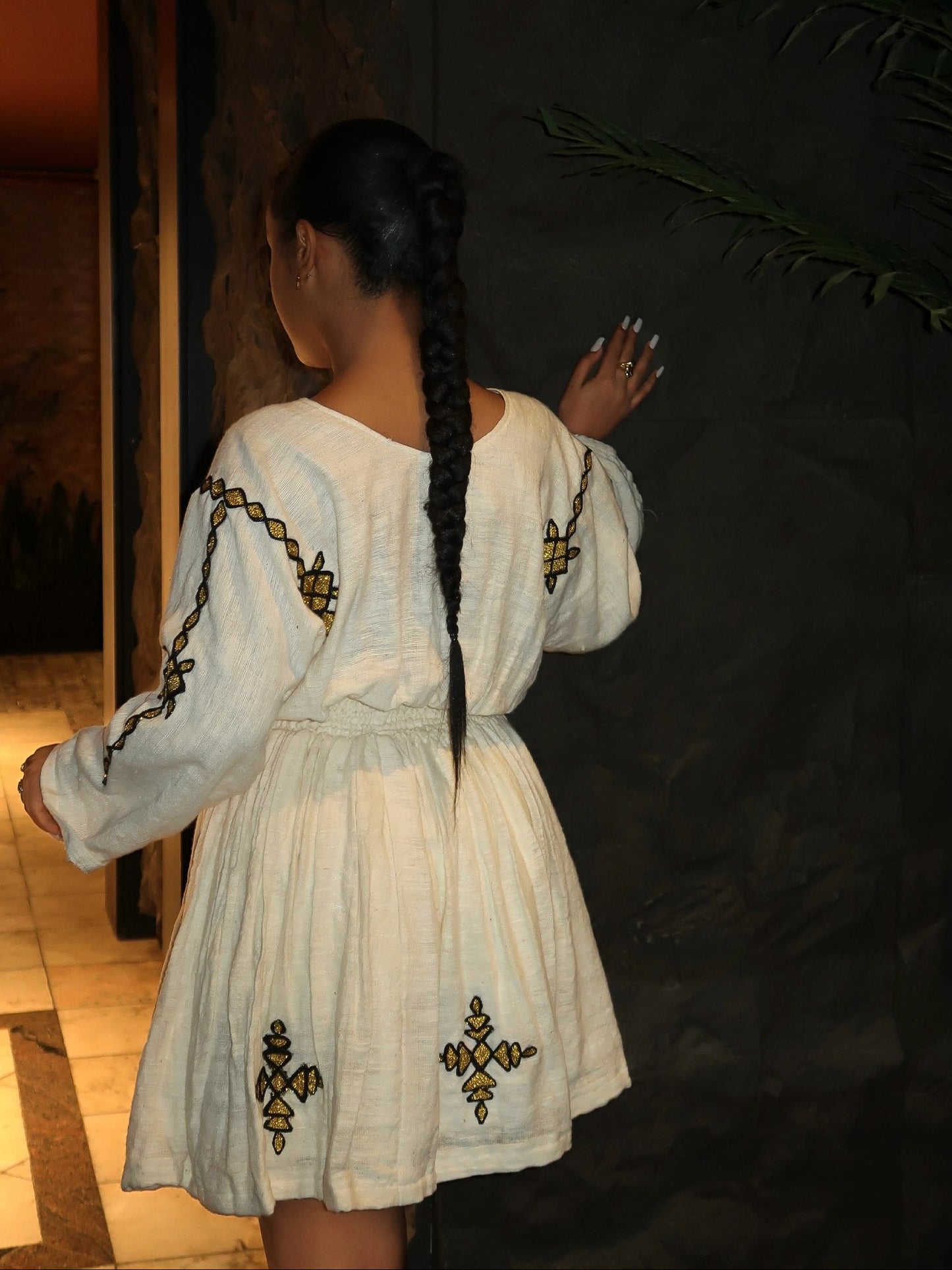 Modern Ivory Habesha Mini Dress Artisan Ethiopian Dress Embroidery for Chic Cultural Habesha Kemis 1054