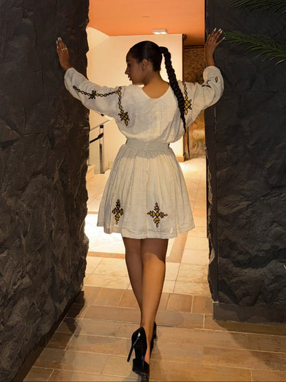 Modern Ivory Habesha Mini Dress Artisan Ethiopian Dress Embroidery for Chic Cultural Habesha Kemis 1054