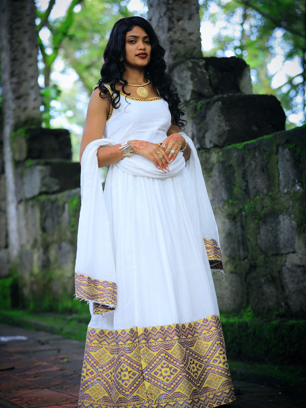 Imperial White Habesha Kemis Premium Eritrean Dress & Ethiopian Heritage Clothing