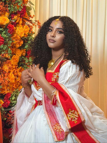 Crimson Red Gold Cross Traditional Ethiopian Wedding Dress Waist Sash And Habesha Kemis Border 1056