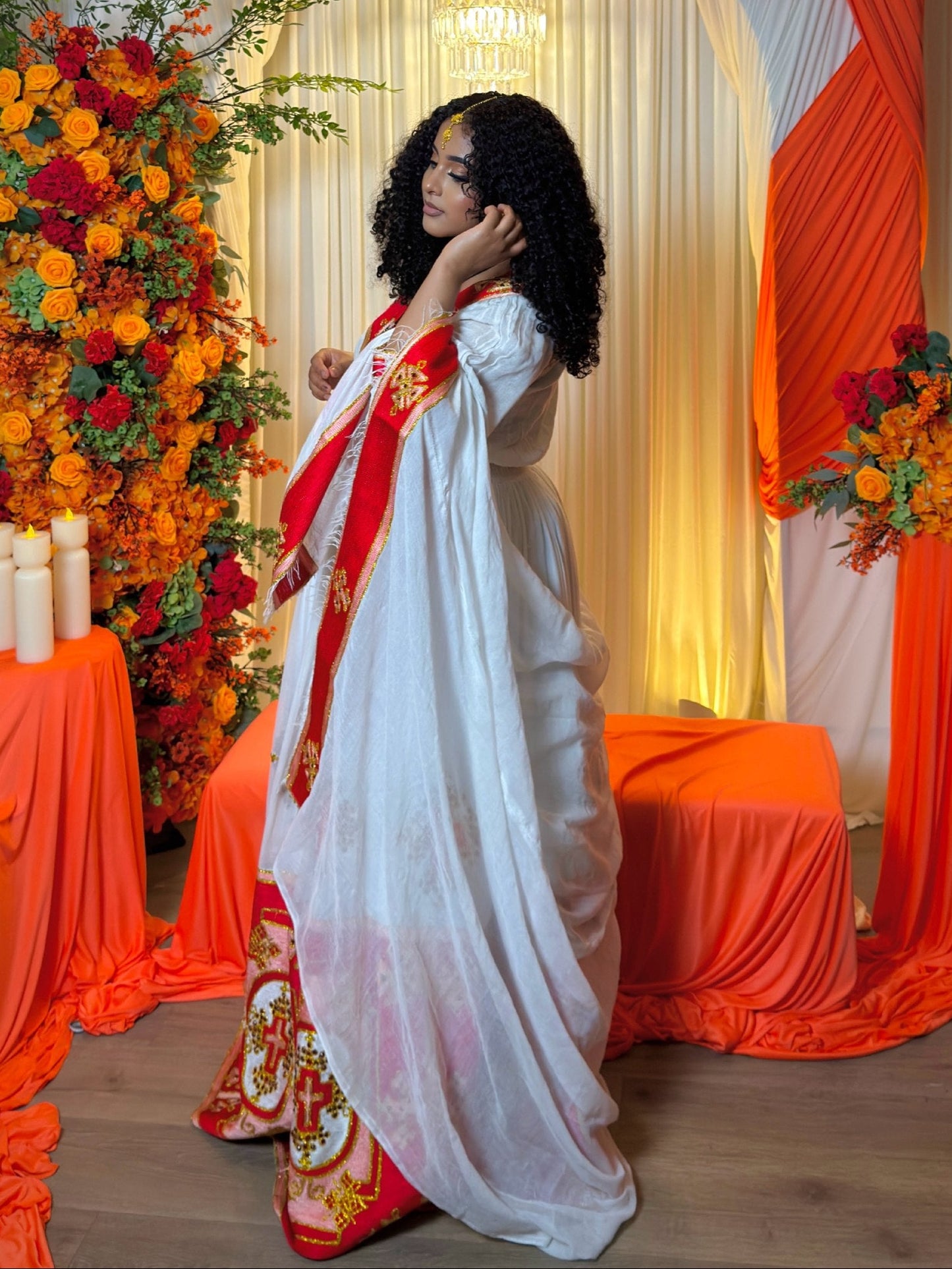 Crimson Red Gold Cross Traditional Ethiopian Wedding Dress Waist Sash And Habesha Kemis Border 1056