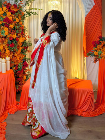 Crimson Red Gold Cross Traditional Ethiopian Wedding Dress Waist Sash And Habesha Kemis Border 1056